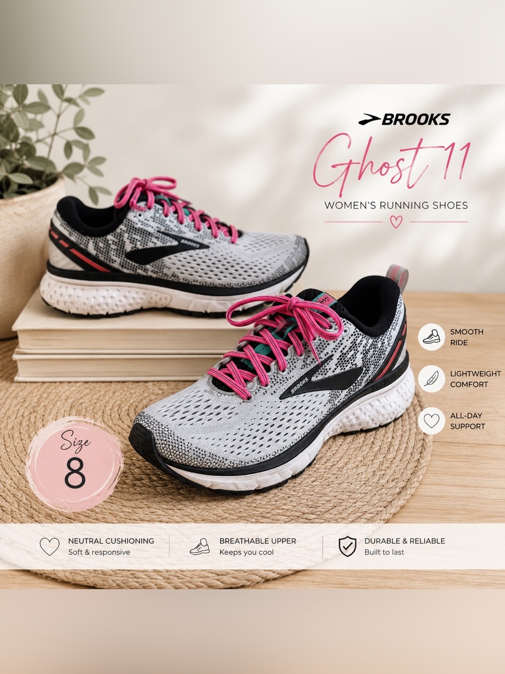 Brooks Ghost Women's Running Shoes — Gray with Pink Laces